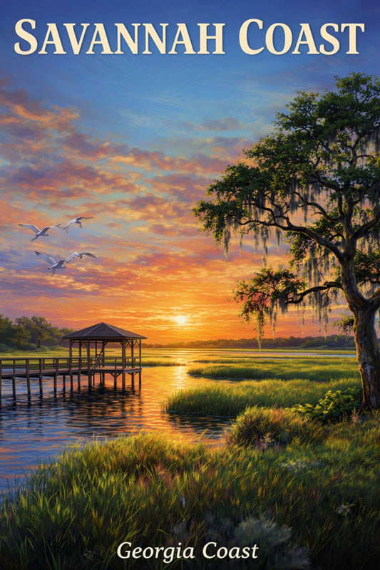 Savannah Coast At Sunset| Travel Poster| Georgia Lowlands Art| Giclee Paper- Wood- Metal- Canvas