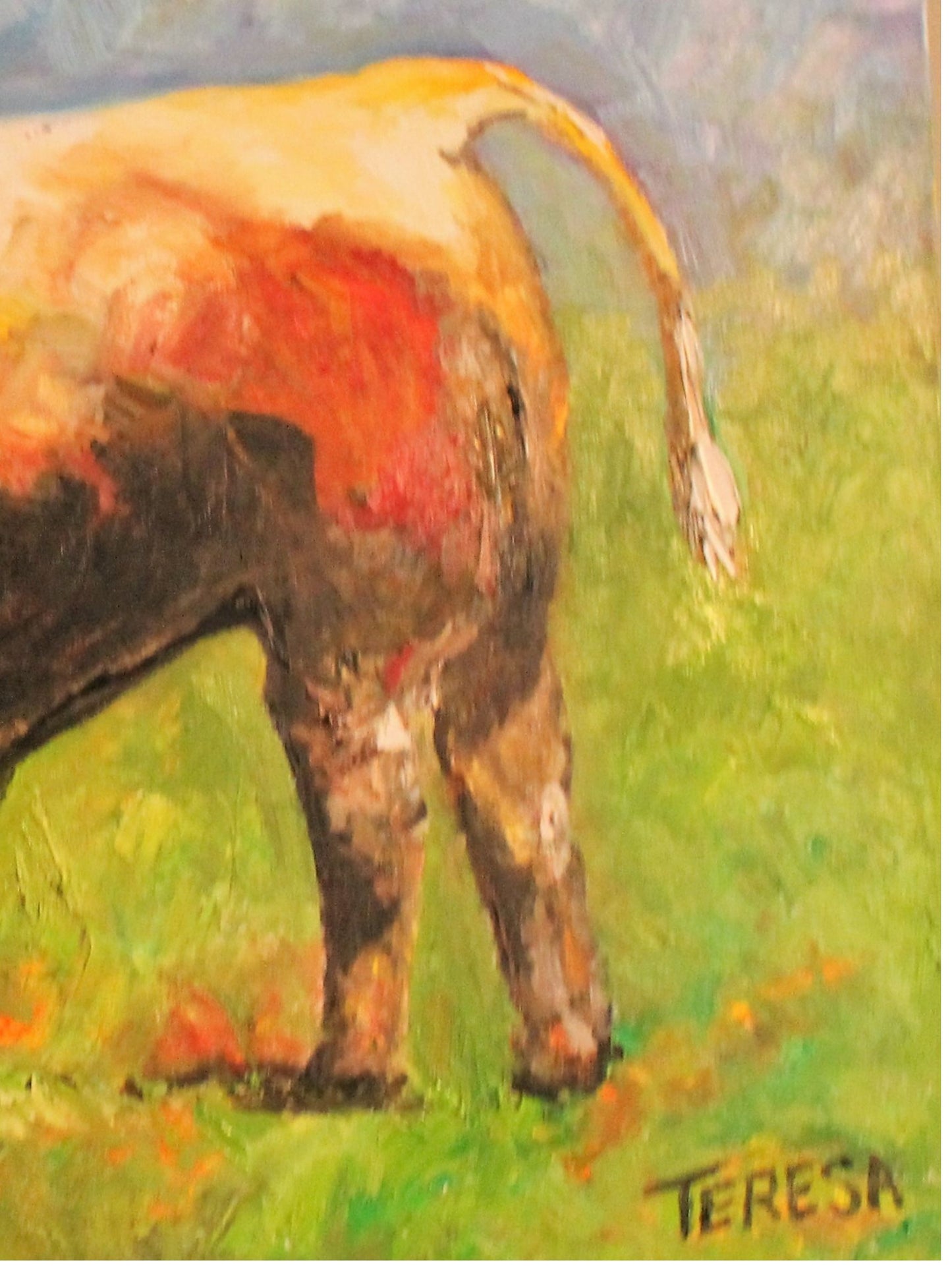 White Egret and the Bull. Original 24x36x1.5 inch-Animal-Textured Oil Gallery Wrap Painting