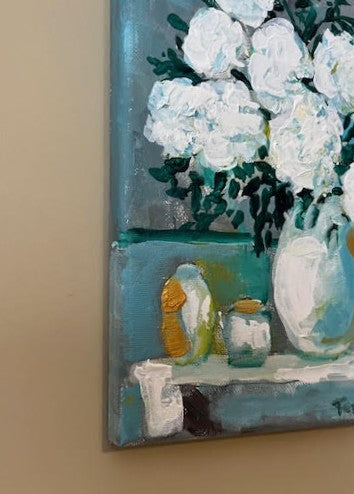 White Hydrangeas Floral Arrangement - 8x10" original Acrylic Art