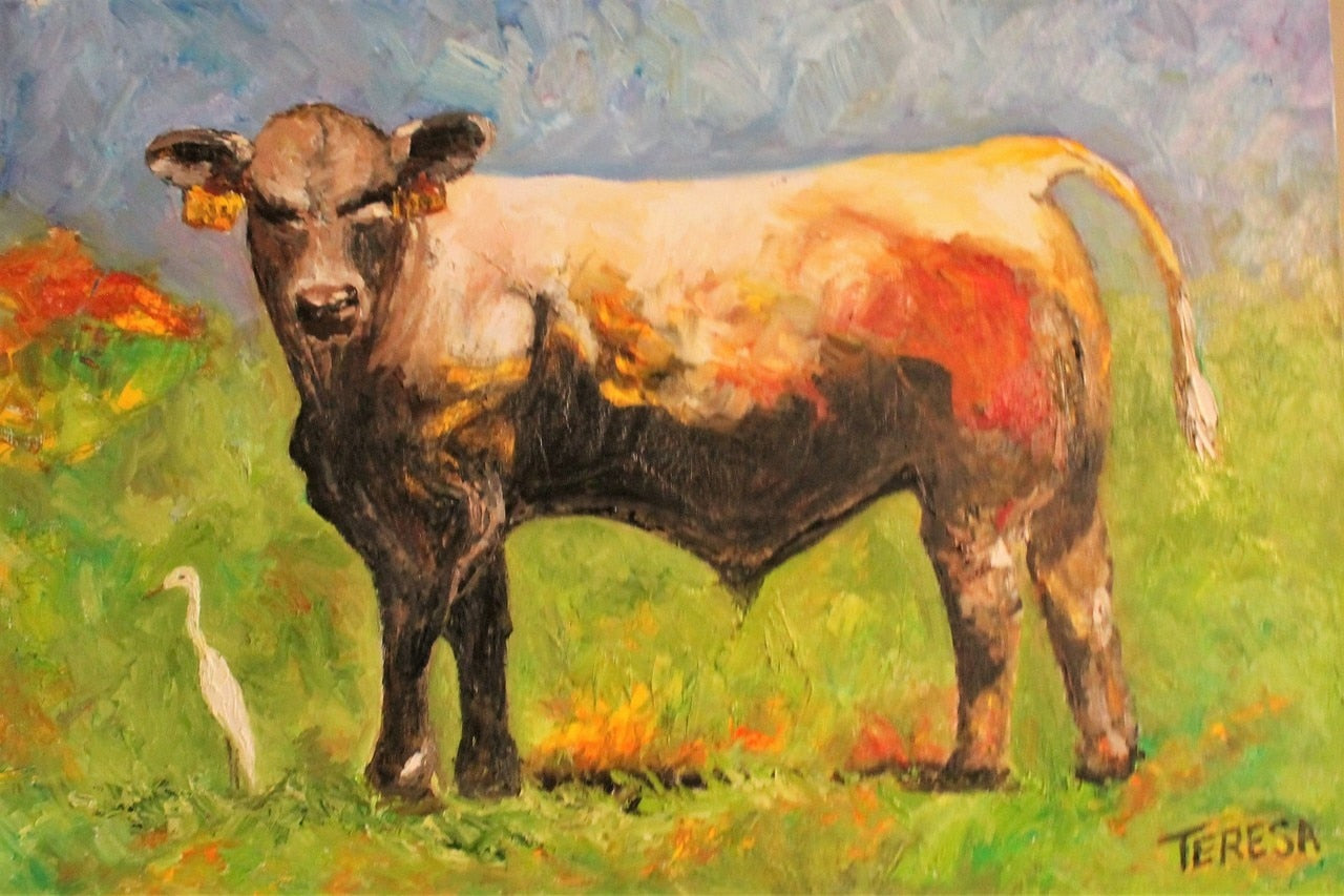 White Egret and the Bull. 24x36x1 inch canvas oil textured painting. No Need Frame