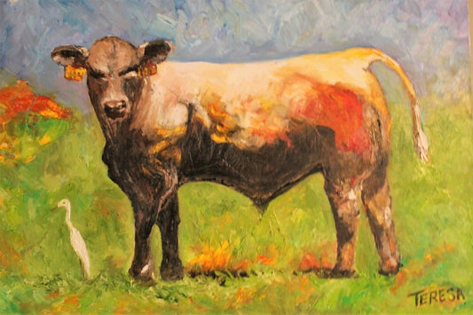 White Egret and the Bull. 24x36x1 inch canvas oil textured painting. No Need Frame