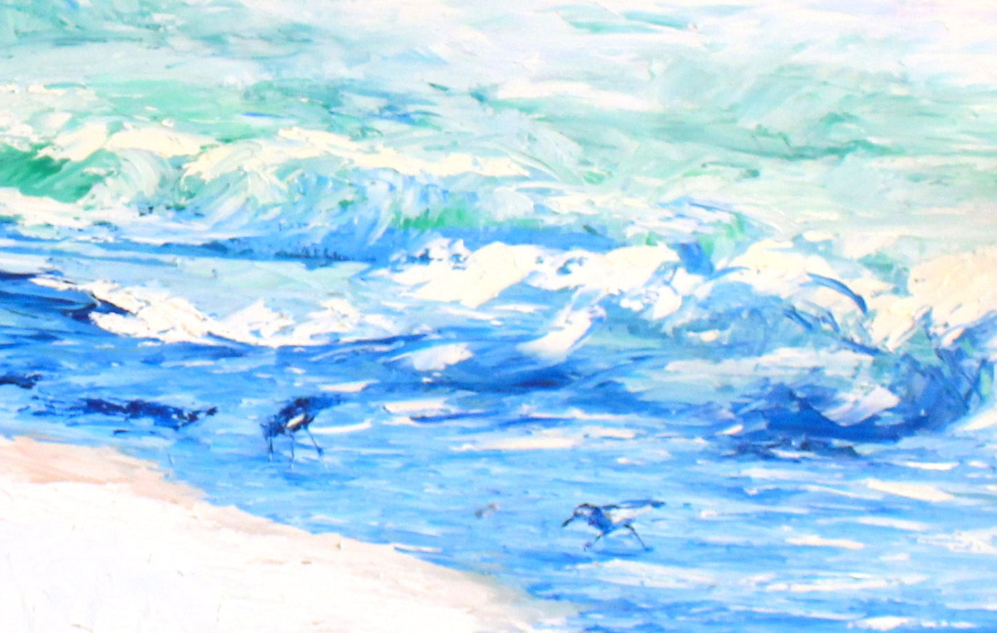 Breakfast in Destin. Birds having their morning meal in the white sand in Destin Fla. 24x48x 1 Huge Textured Painting.