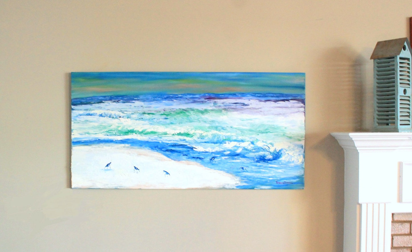 Breakfast in Destin. Birds having their morning meal in the white sand in Destin Fla. 24x48x 1 Huge Textured Painting.