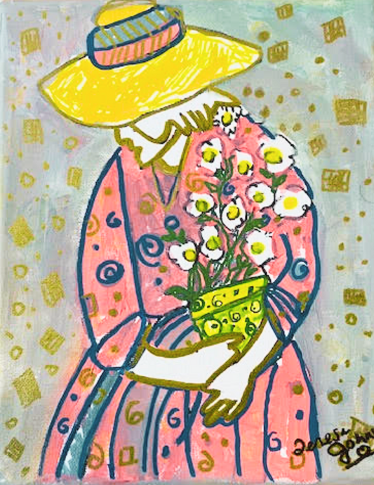 She carries Spring Flowers. 8x10" original Mixed Media
