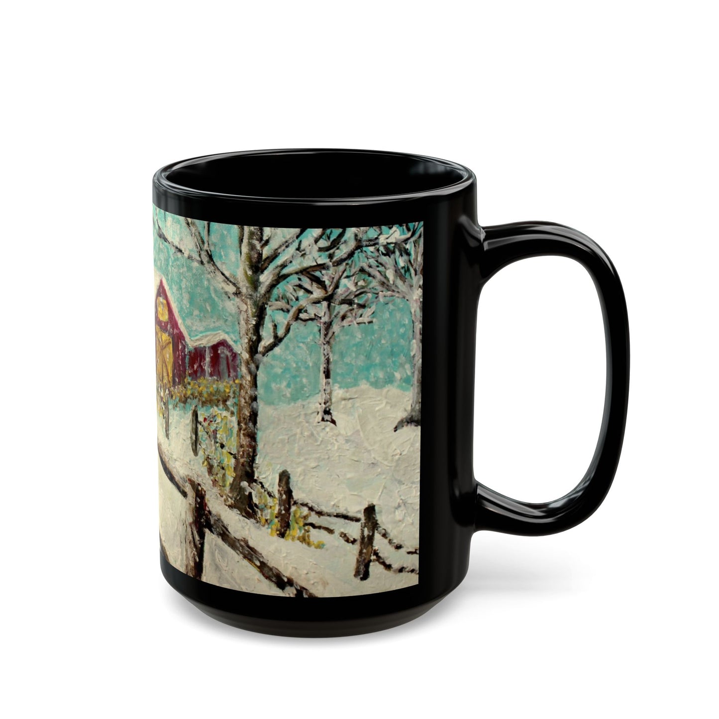 Snowy Christmas Morning - 11 oz or 15 oz Ceramic Black Mugs