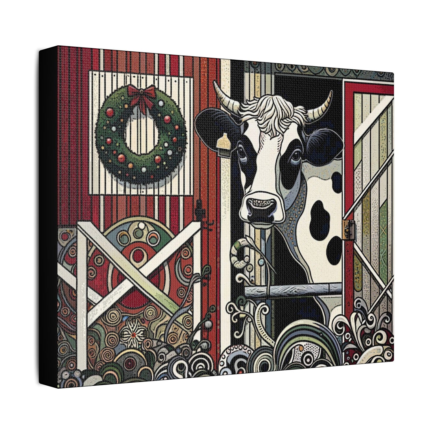 Holly, the Christmas Cow- Art- Gallery Wrapped- Satin Stretched Canvas Gallery Wraps - No Frame Needed