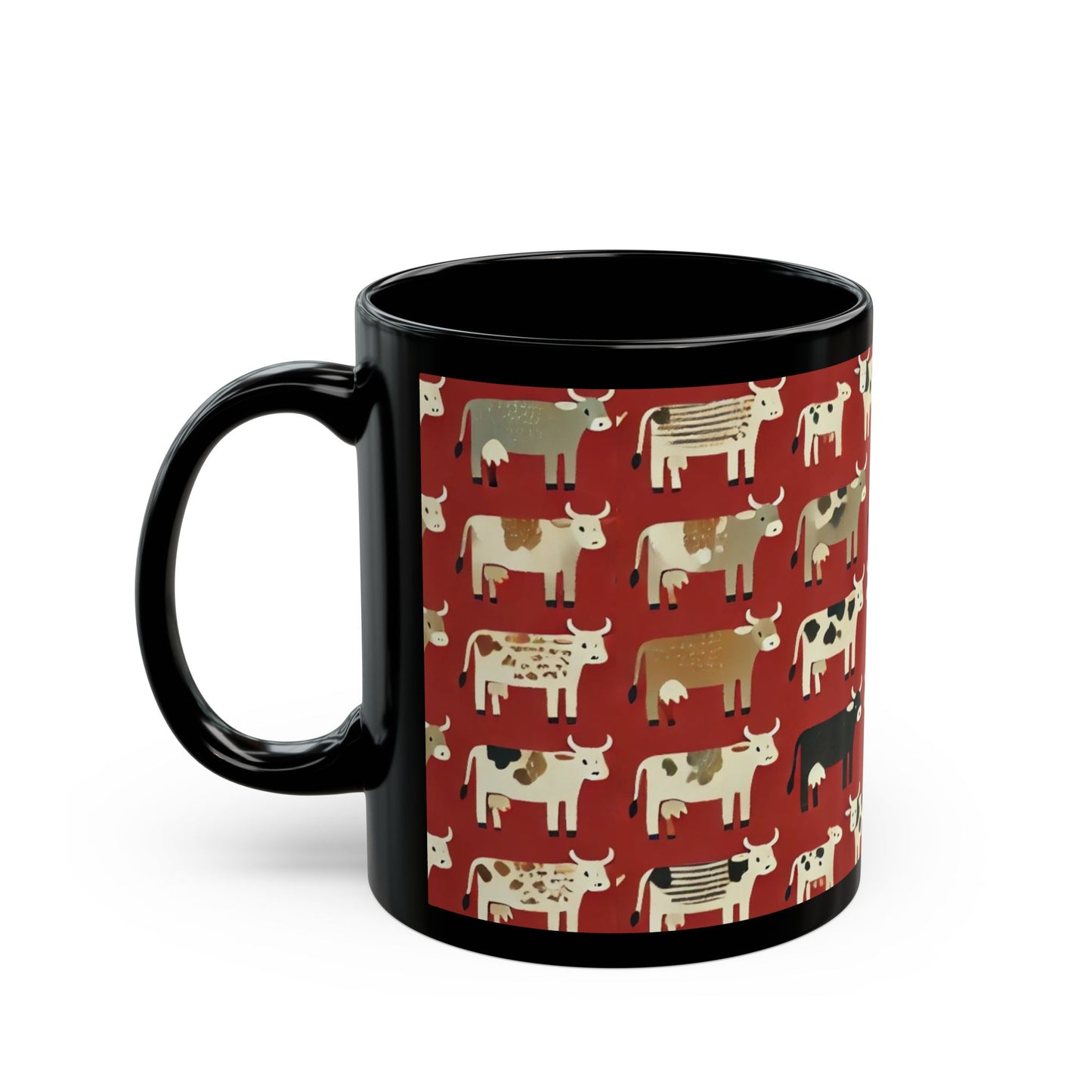 Primitive Boho-Style Cows- 11 oz or 15 oz Ceramic Black Mugs