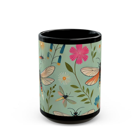Fireflies and Garden Flowers - 11 oz or 15 oz Ceramic Black Mugs