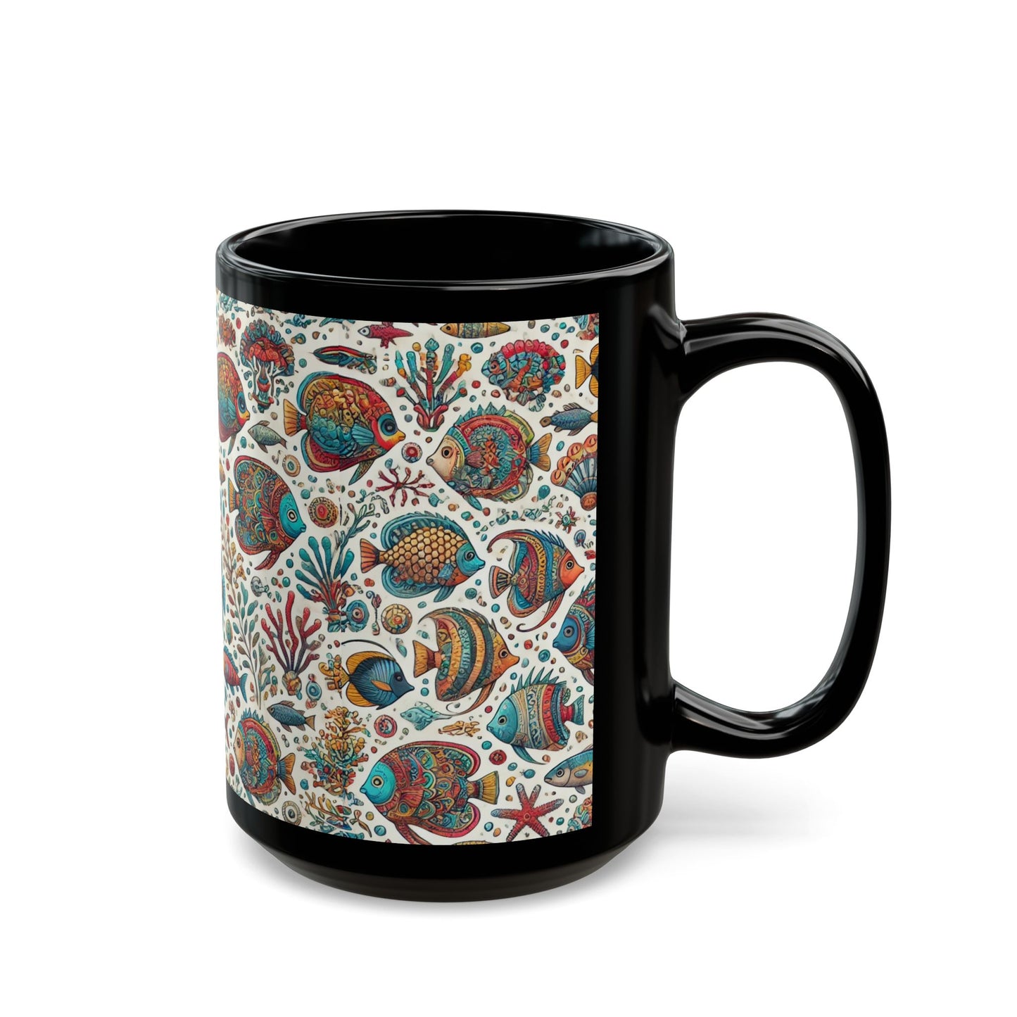 Fishes of the Sea- 11 oz or 15 oz Ceramic Black Mugs