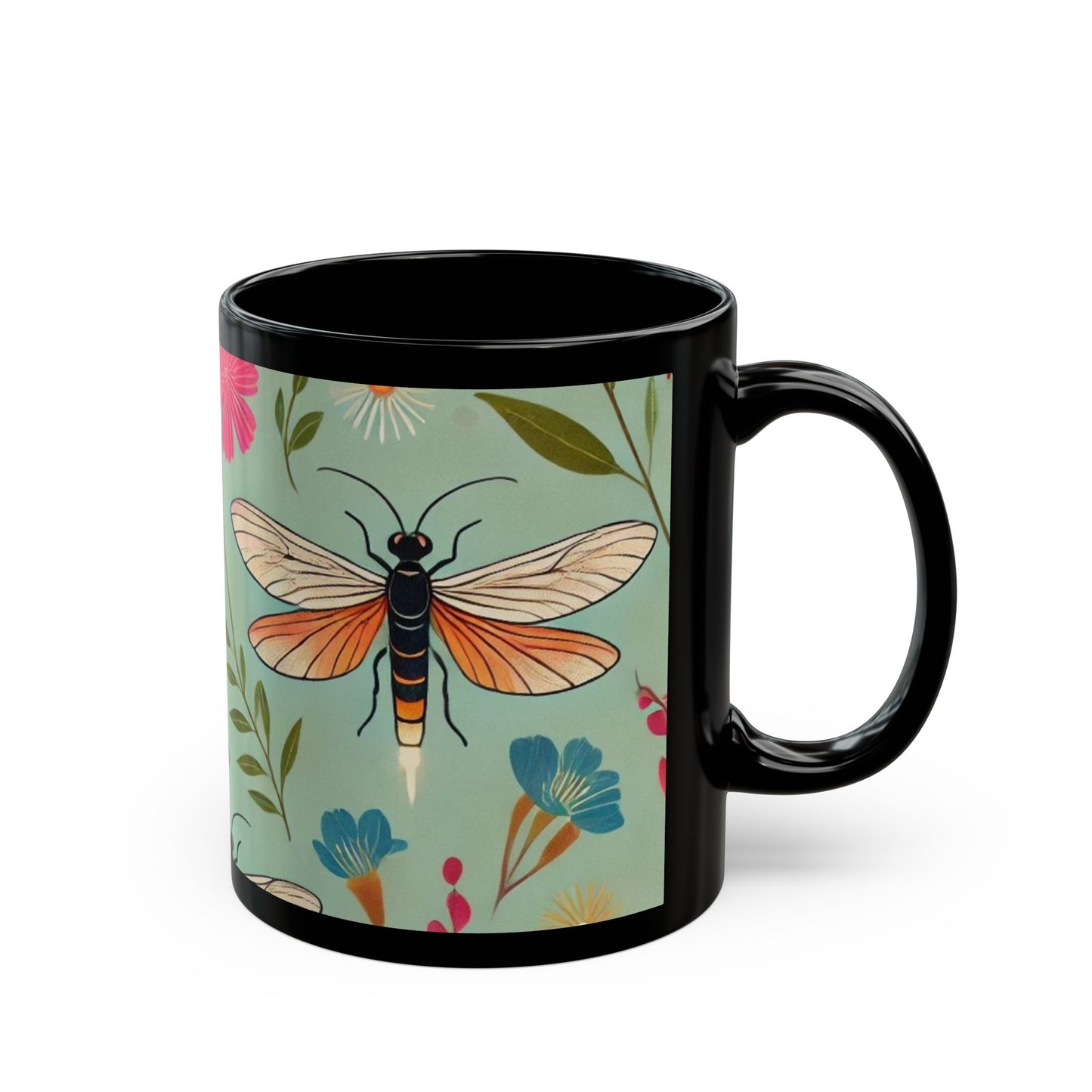 Fireflies and Garden Flowers - 11 oz or 15 oz Ceramic Black Mugs