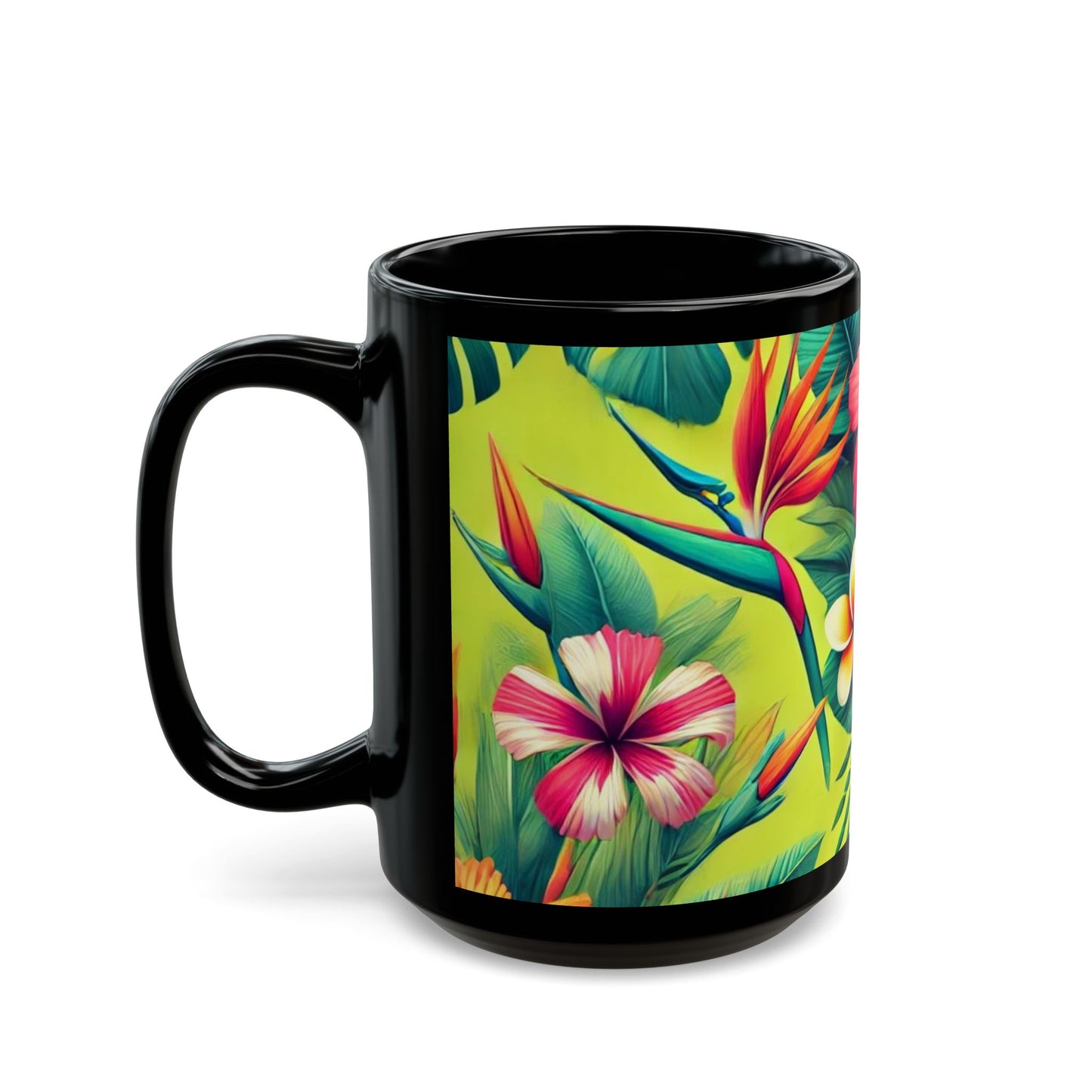 Tropical Florals - 11 oz or 15 oz Ceramic Black Mugs