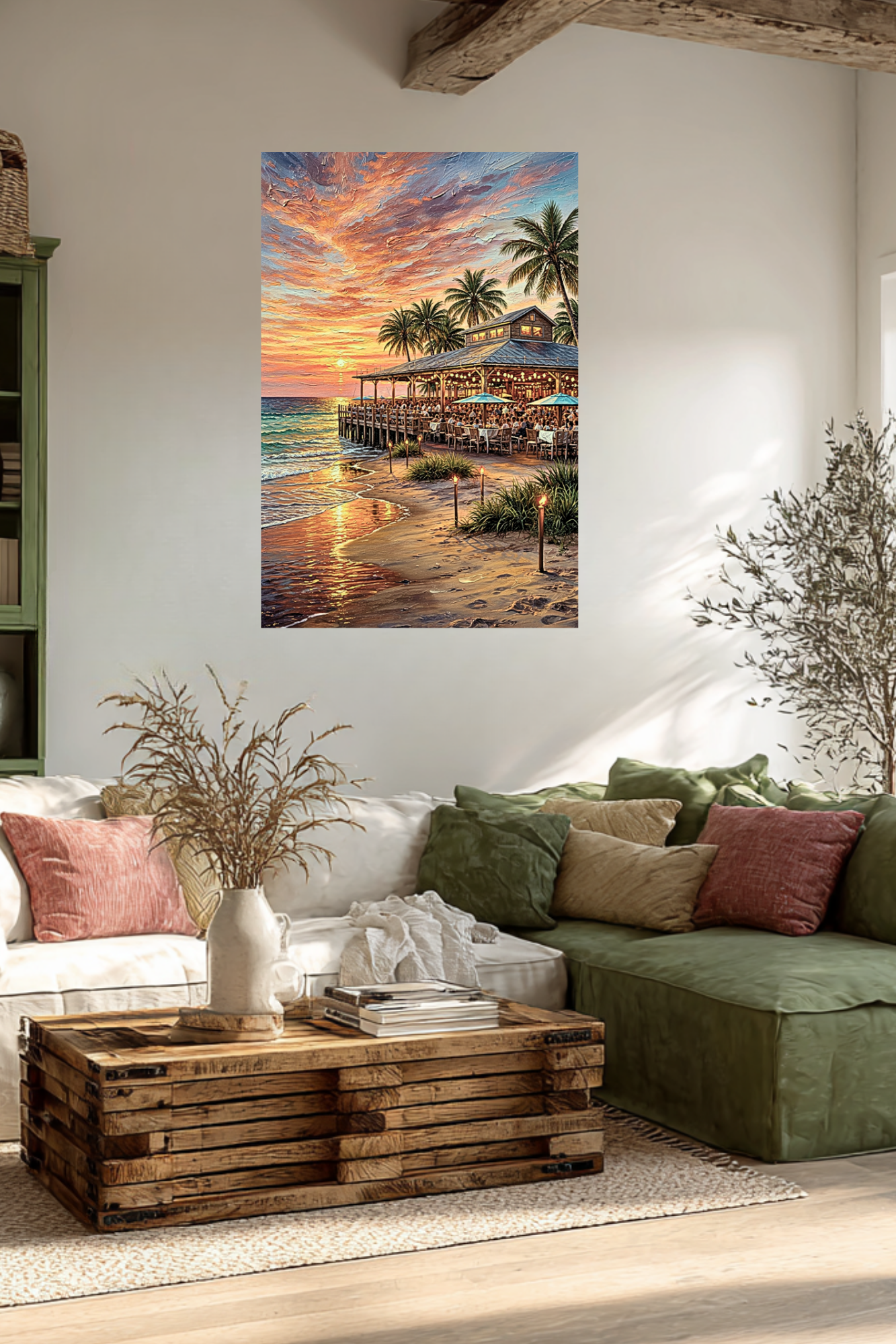 Beachside Dining At Sunset| Coastal Print| Vacation Art| Ocean Beach Print| Travel Poster| Giclee Paper- Wood- Metal- Canvas