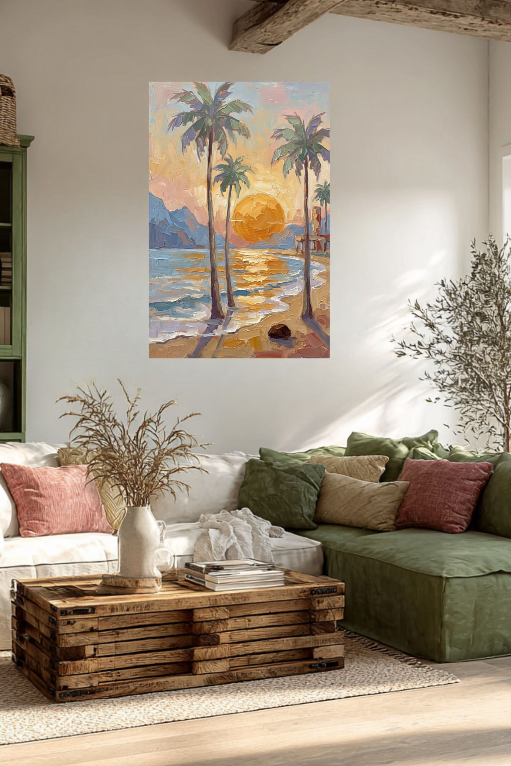 Tropical Sunset View | Impressionist Island Beach Wall Art | Coastal Palm Tree Painting | Giclée Print on Paper, Canvas, Wood & Metal