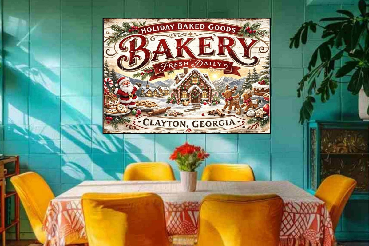 Christmas Bakery Clayton Georgia Vintage Style Sign- Art Giclee Paper- Wood- Metal- Canvas