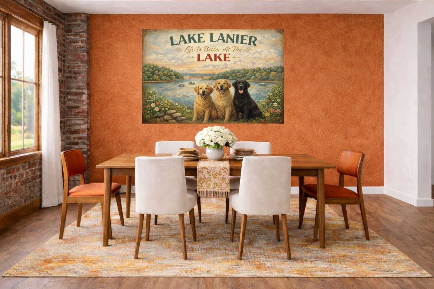 Lake Lanier Sunset with Happy Pups| Buford Dam| Chattahoochee Rivers Art| Giclee Paper- Wood Sign- Metal Sign- Canvas