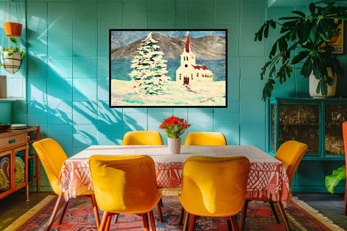 Church In the Rockies| Christmas Tree in Snow art| Giclee Paper- Wood- Metal- Canvas