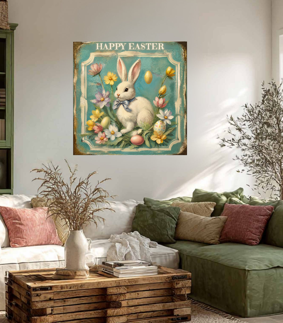 Happy Easter Bunny Art| Vintage Style Midcentury Flower Design| Giclee Paper- Wood- Metal- Canvas