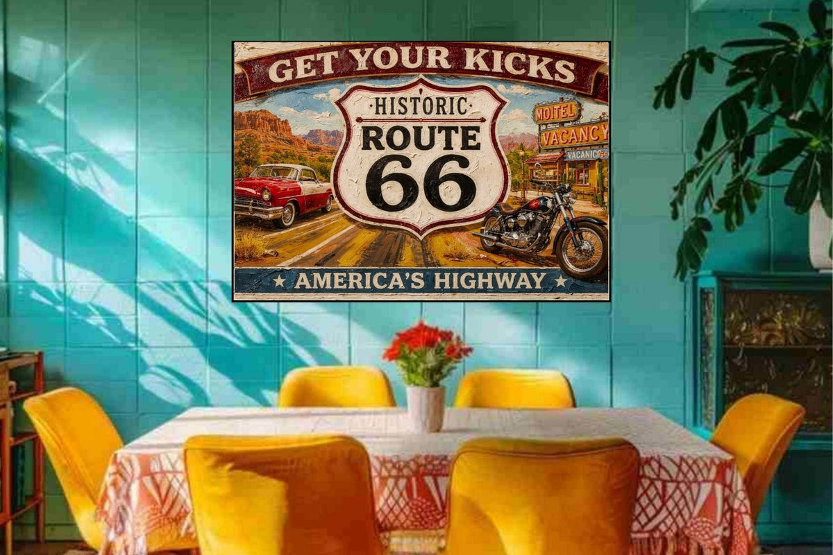 Historical Route 66 Vintage Sign| Prints, Canvas, Wood, or Metal Art