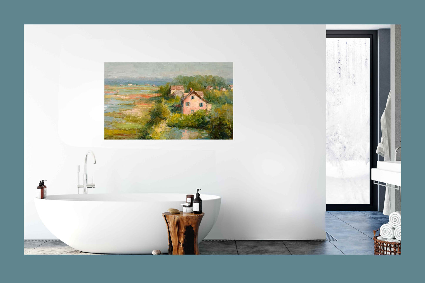 The Pink Cottage – Impressionist Marsh Cottage Painting, Coastal Wall Art, Romantic Cottage Print, Giclée on Canvas, Wood, Metal & Fine Art Paper