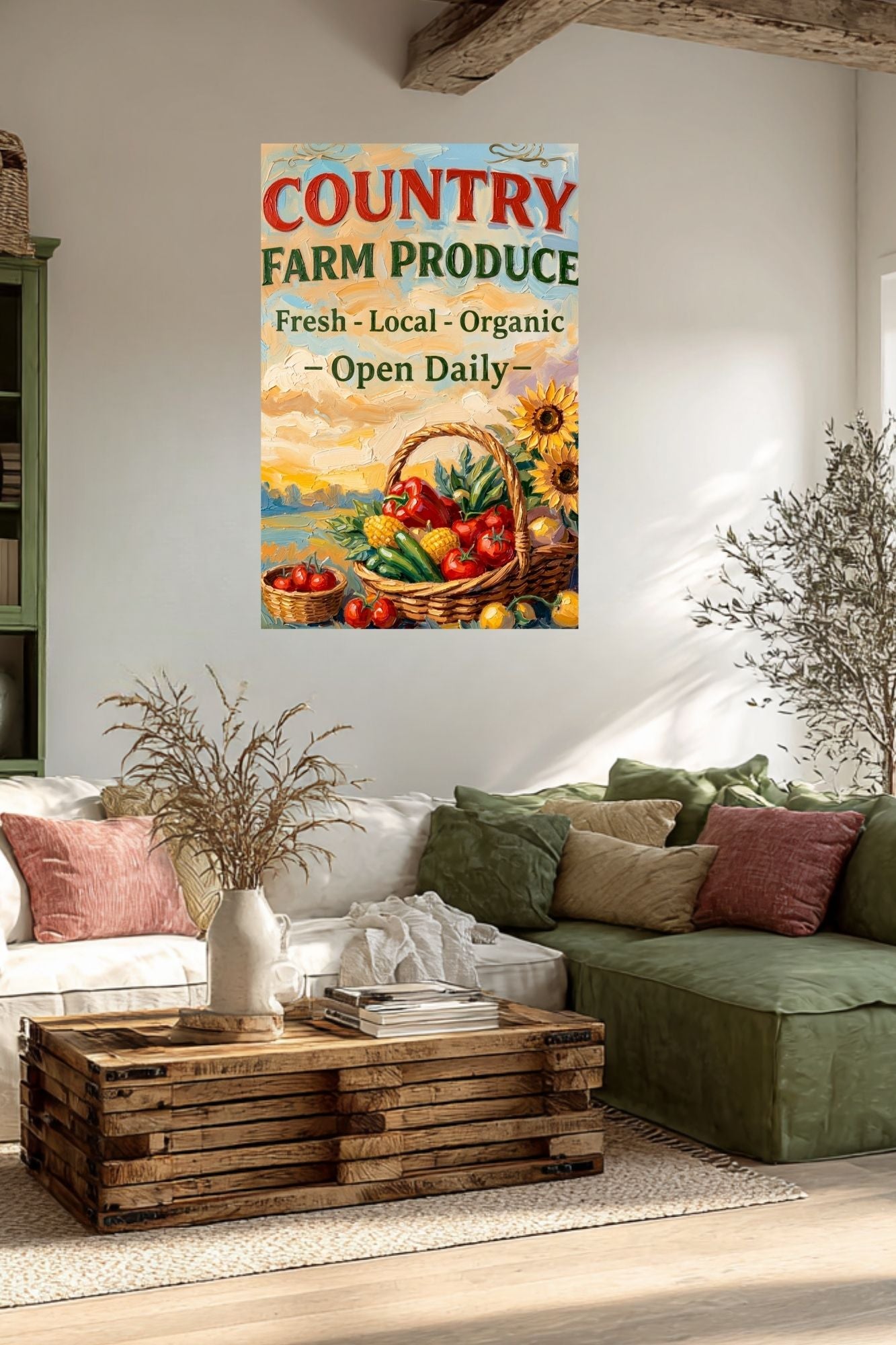 Country Farm Produce Sign | Fresh Local Organic Farm Market Wall Art | Rustic Farmhouse Kitchen Decor | Canvas, Wood, Metal &amp; Giclée Print