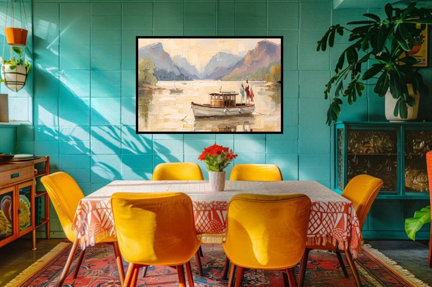 Silent Morning | Mountain Lake Boat Art Print | Impressionist Landscape | Coastal Cabin Decor | Giclée on Paper, Canvas, Wood & Metal