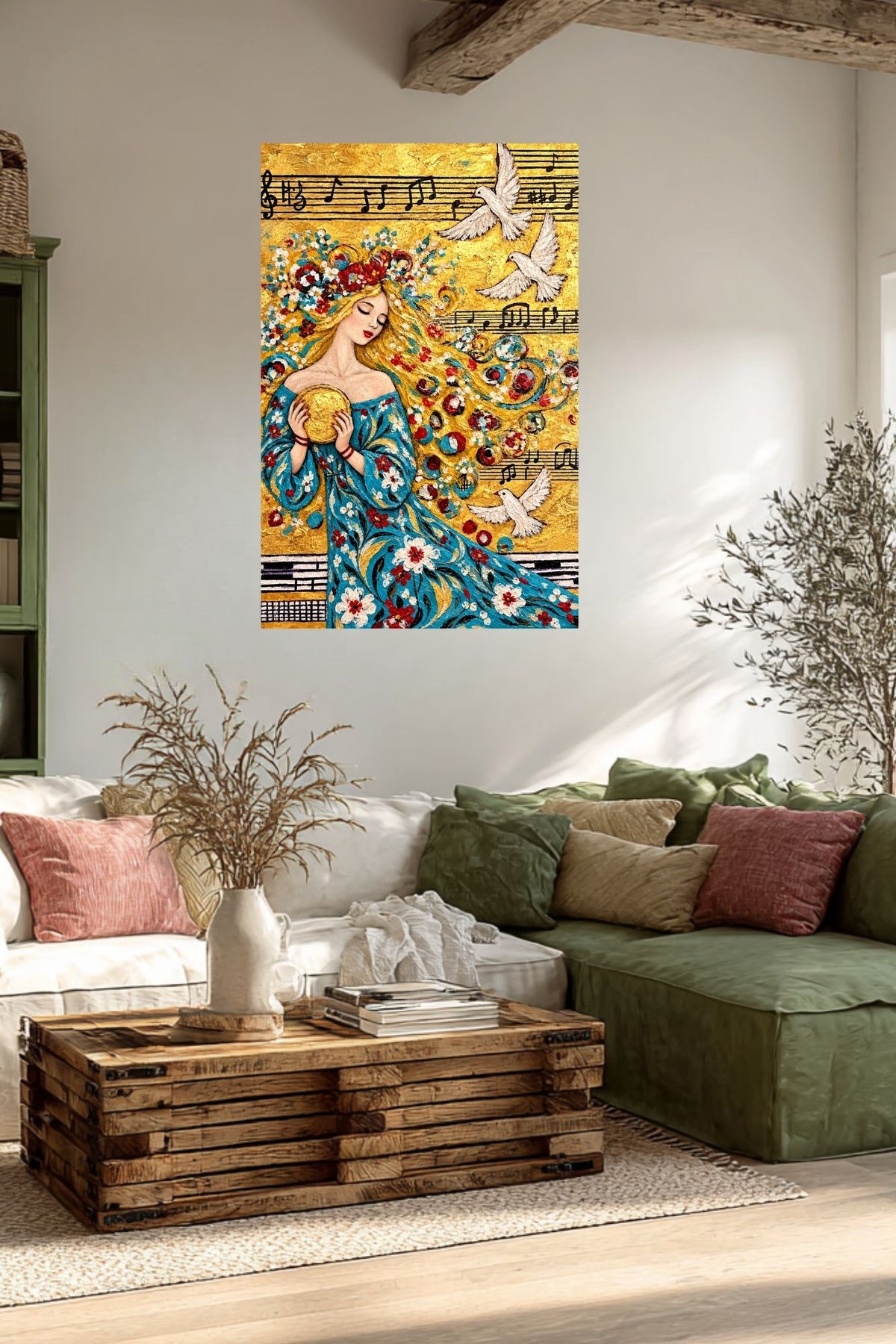 Carol’s Golden Song | Heavenly Inspired Music Art | Woman and Dove Wall Art | Giclée Paper, Canvas, Wood or Metal