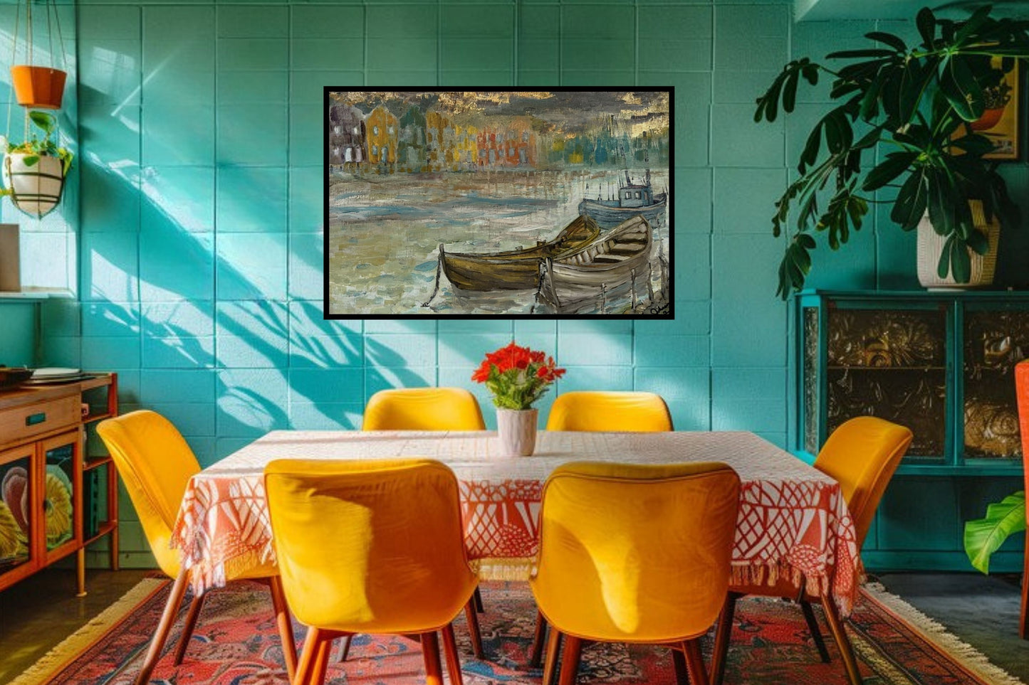 Rainy Harbor | Original Teresa Johnson Coastal Harbor Painting | Fishing Boats & Waterfront Village | Giclée Paper • Wood • Metal • Canvas