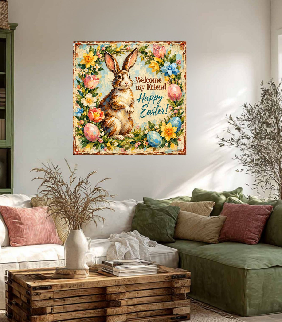 Vintage Welcome My Friend Easter Bunny| Giclee Prints, Canvas, Wood, or Metal Art