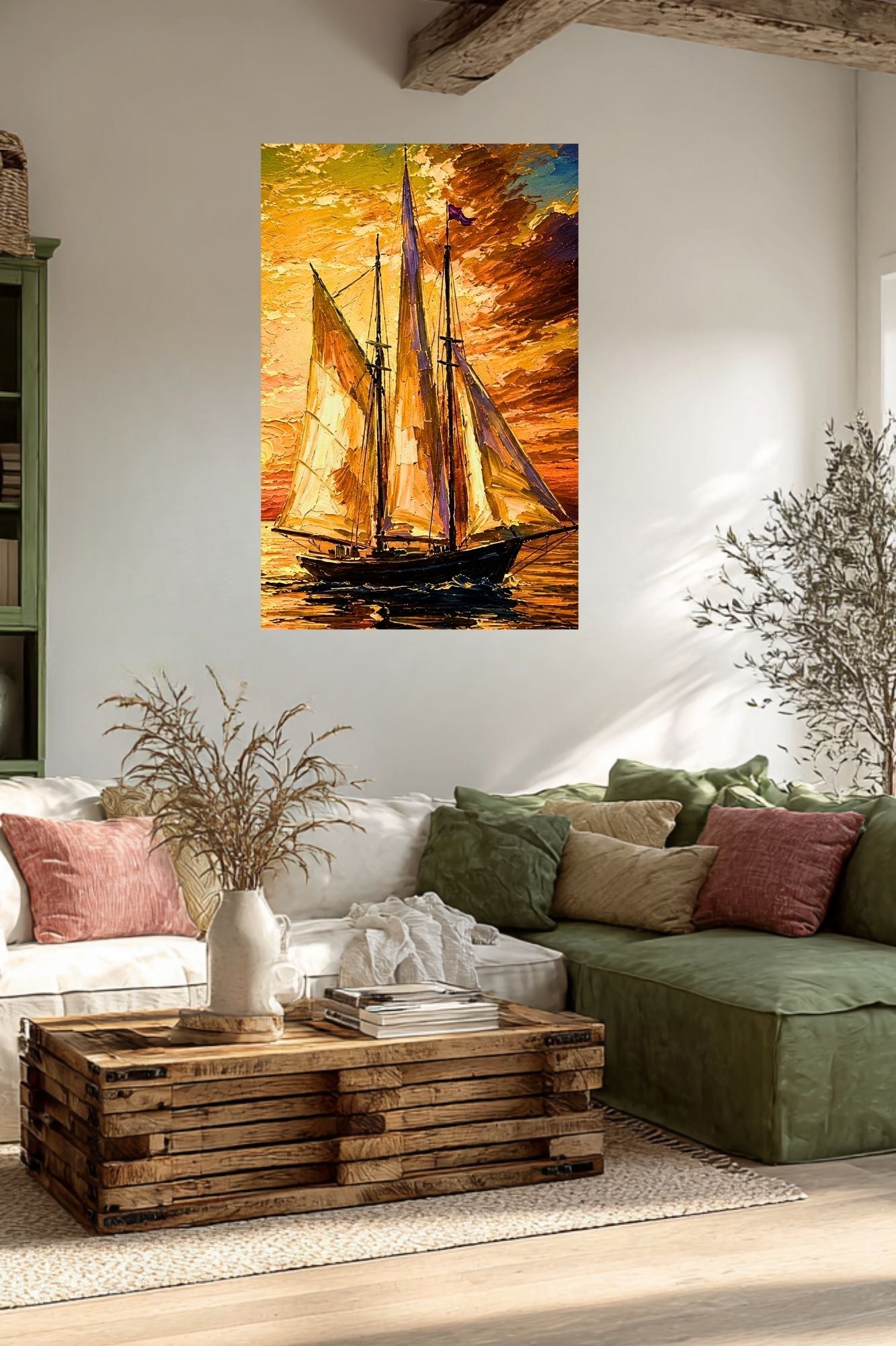Golden Evening Voyage | Impressionist Sailboat Sunset Wall Art | Coastal Ocean Painting | Giclée Print on Paper, Canvas, Wood & Metal