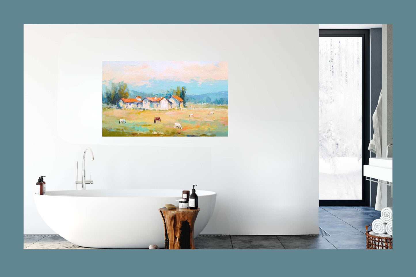 Tuscan Horse Farm at Dusk – Impressionist Landscape Print, Equestrian Wall Art, Giclée on Canvas, Wood, Metal & Fine Art Paper