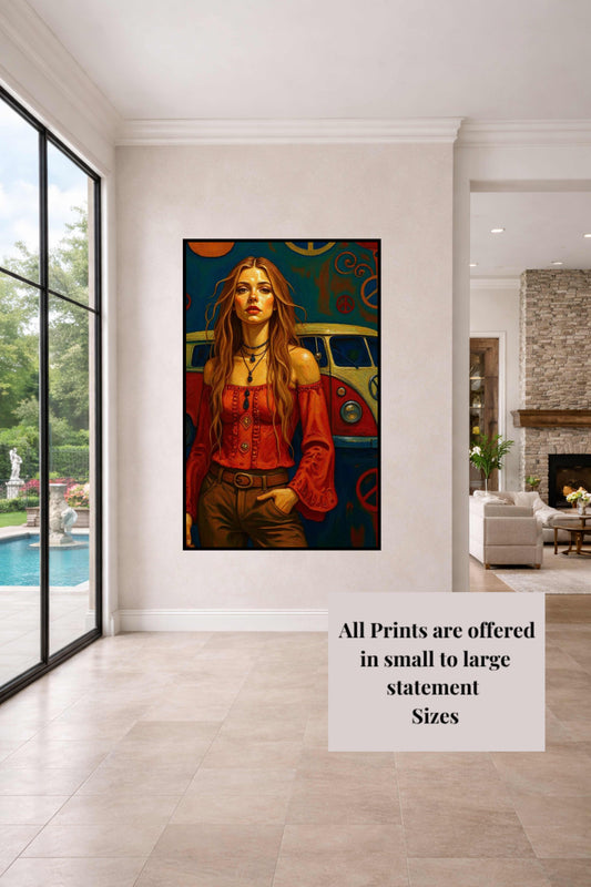 Hippie And Her Flower Power Bus| Giclee Paper- Canvas- Wood- Metal Prints