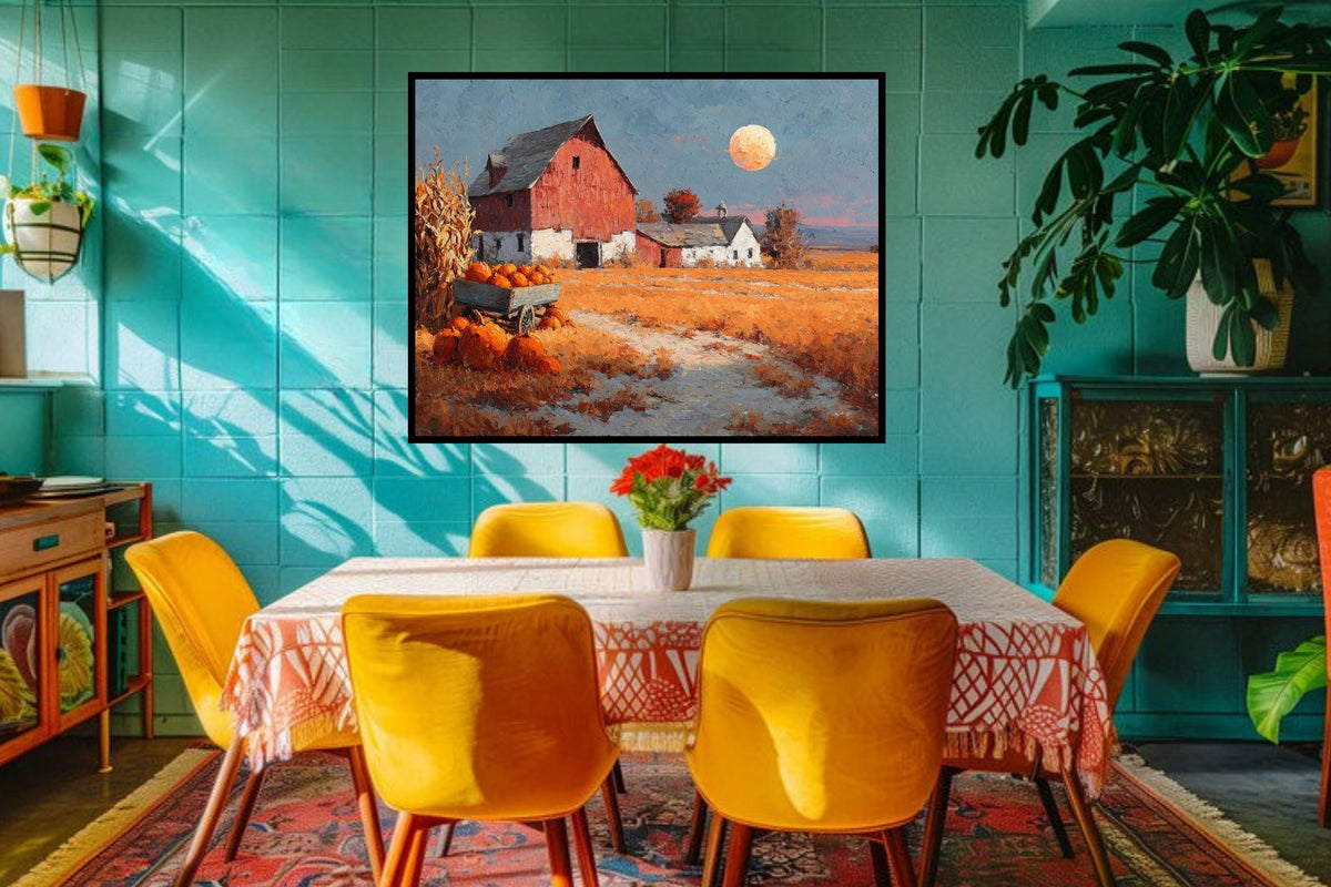 Harvest Moon at the Old Red Barn | Autumn Farmhouse Art | Prints, Canvas, Wood, or Metal