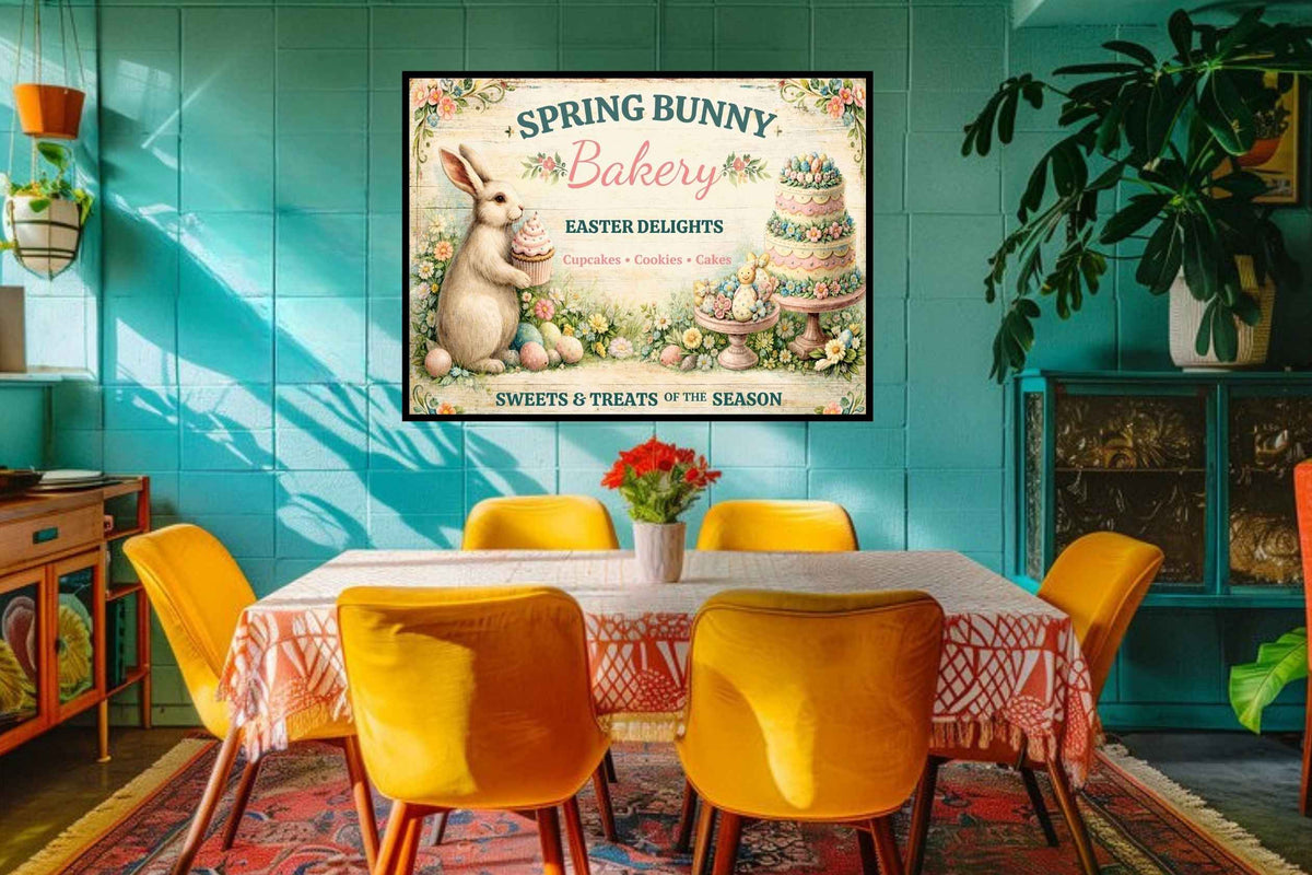 Spring Bunny Bakery Sign With Treats| Prints, Canvas, Wood, or Metal Art