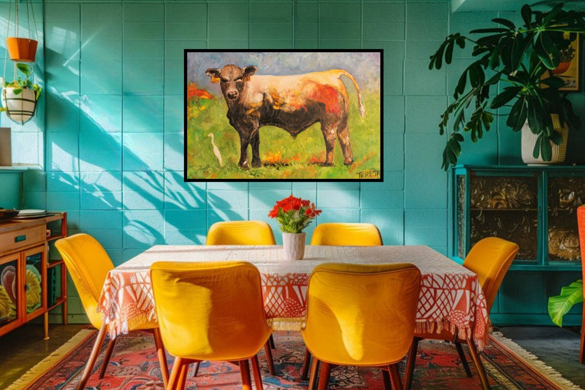 White Egret and the Bull|Cattle Farm| Animal Art| Giclee Paper- Wood- Metal- Canvas