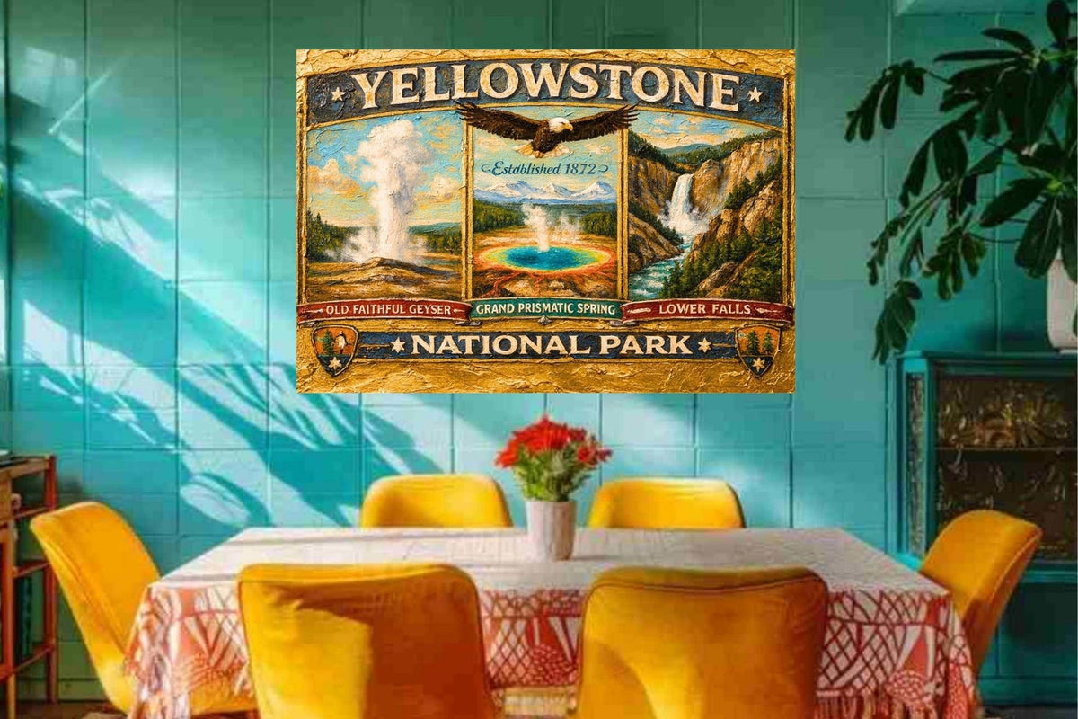 Yellowstone's Iconic Natural Wonders| Vintage Sign Art|  Prints, Canvas, Wood, or Metal Art