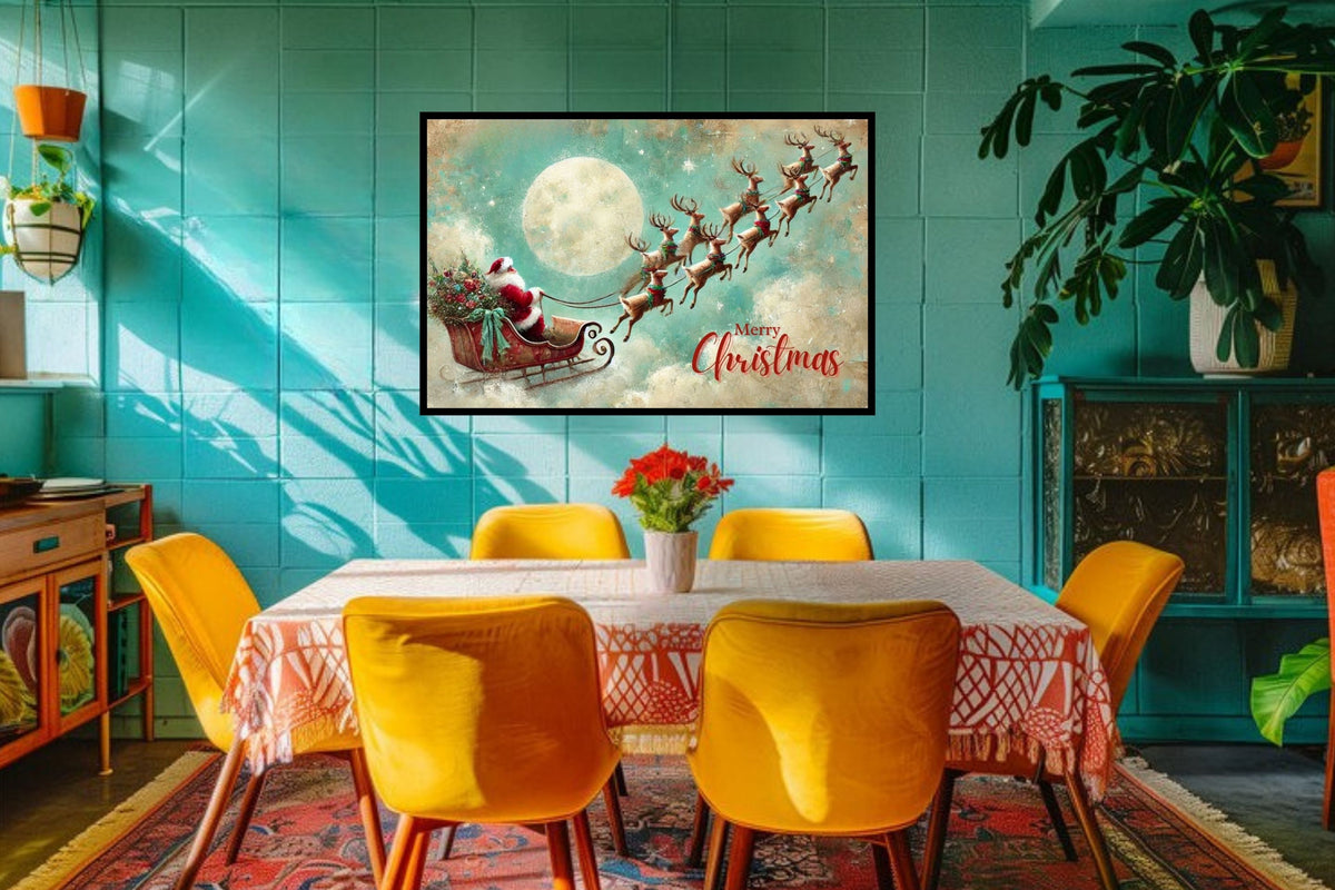 Merry Christmas to All| Santa in his Sleigh Holiday art| Prints and Canvas-Giclee Paper- Wood- Metal