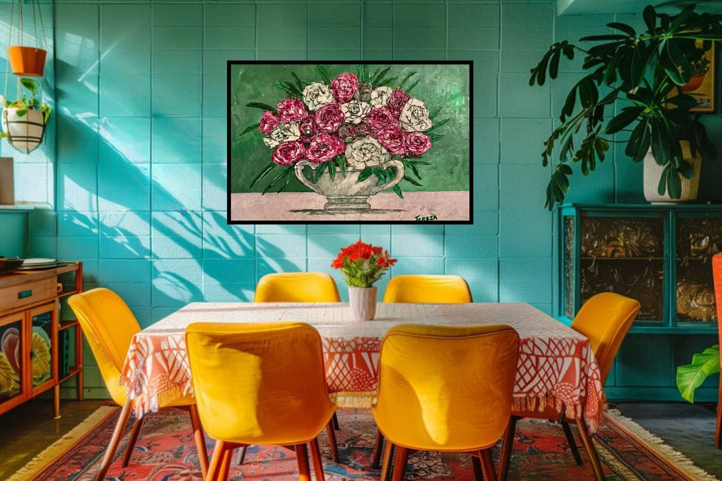Garden's Best Arrangement | Original Teresa Johnson Floral Painting | Pink & White Roses in Vintage Pitcher | Giclée Paper • Wood • Metal • Canvas