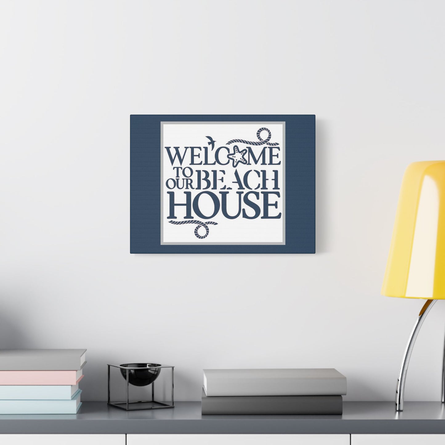 Welcome to Our Beach House- Blue Background - Art- Gallery Wrapped- Satin Stretched Canvas Gallery Wraps - No Frame Needed