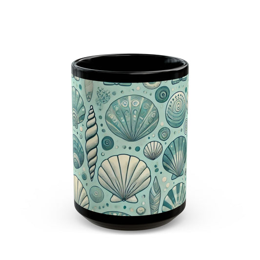 Blue and Silver Seashells - 11 oz or 15 oz Ceramic Black Mugs