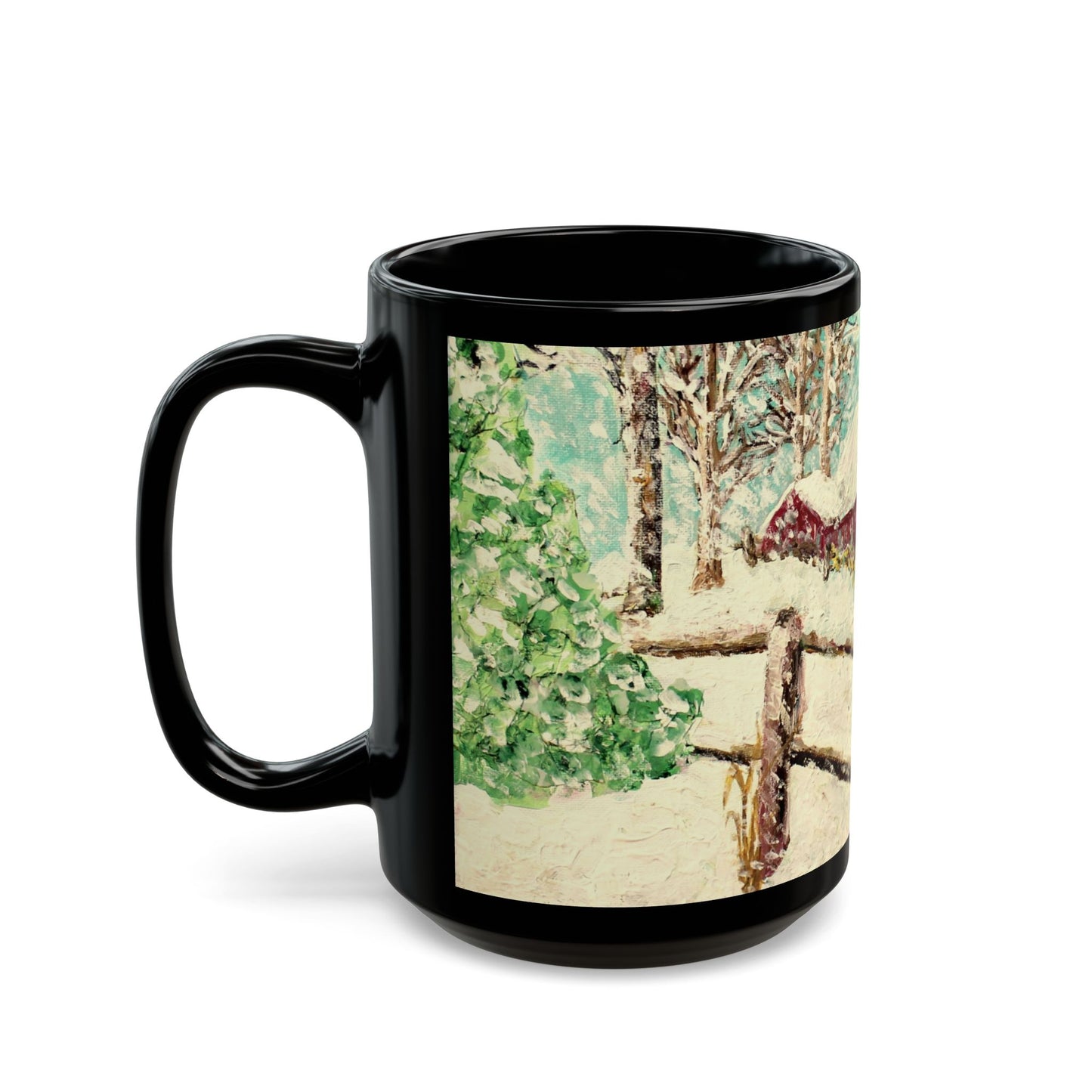 Snowy Christmas Morning - 11 oz or 15 oz Ceramic Black Mugs