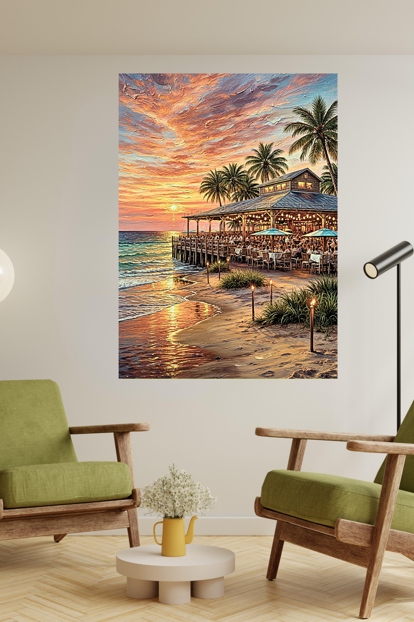 Beachside Dining At Sunset| Coastal Print| Vacation Art| Ocean Beach Print| Travel Poster| Giclee Paper- Wood- Metal- Canvas
