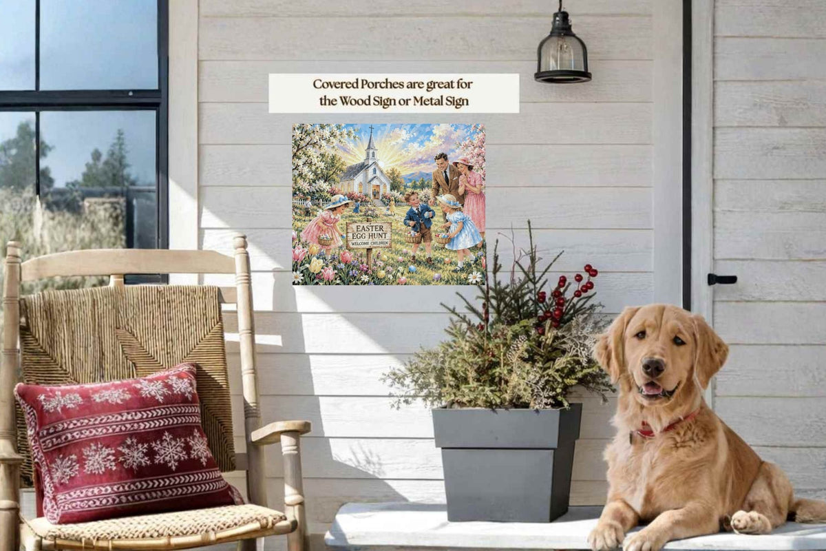 Easter Egg Hunt At the Country Church | Giclee Paper, Prints, Canvas, Wood, or Metal Art