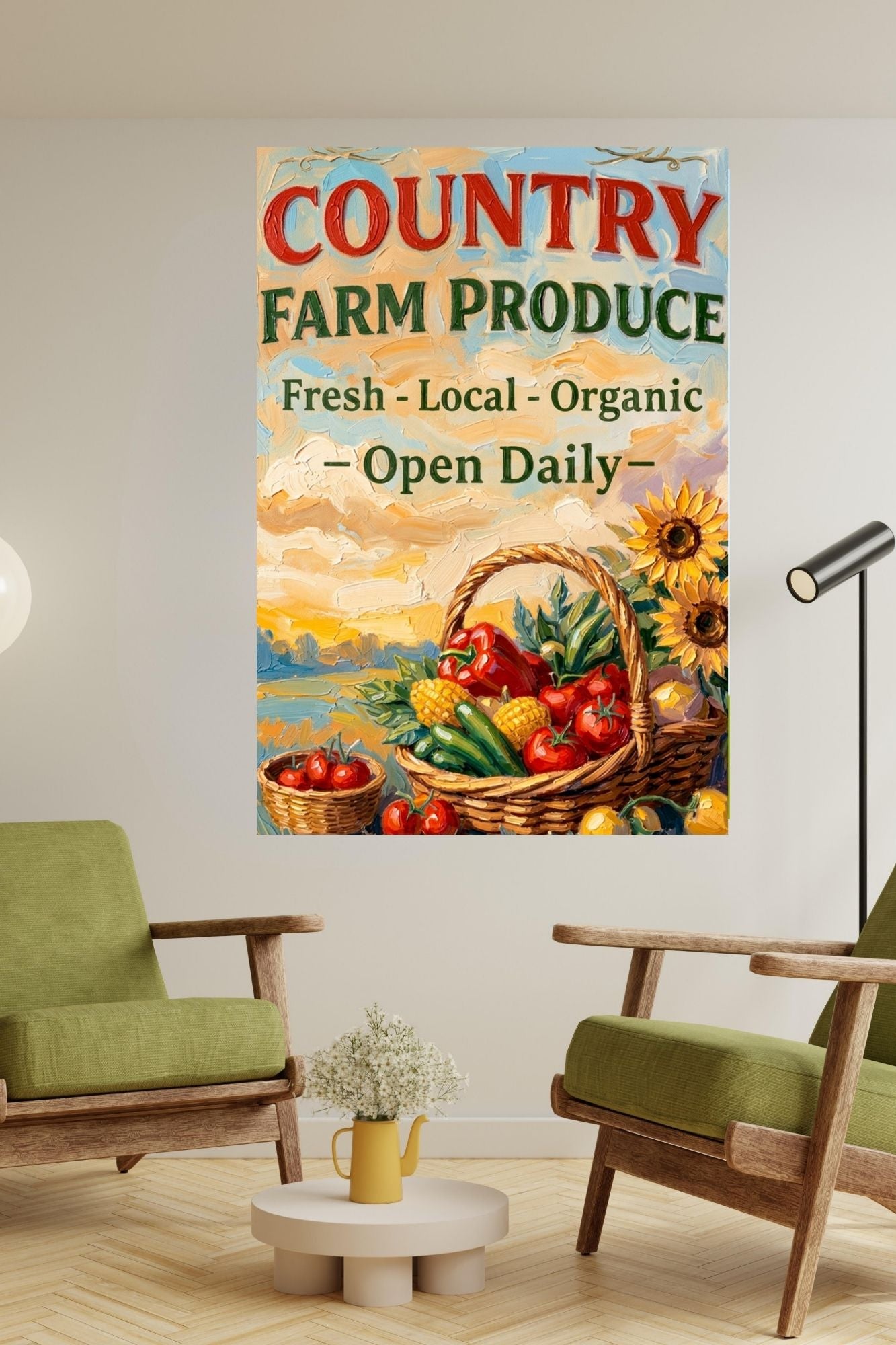 Country Farm Produce Sign | Fresh Local Organic Farm Market Wall Art | Rustic Farmhouse Kitchen Decor | Canvas, Wood, Metal &amp; Giclée Print
