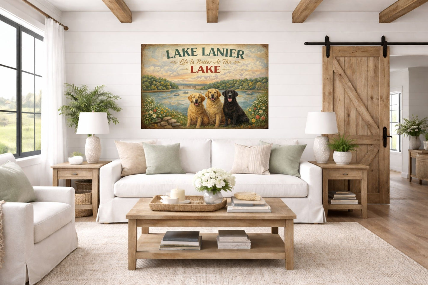 Lake Lanier Sunset with Happy Pups| Buford Dam| Chattahoochee Rivers Art| Giclee Paper- Wood Sign- Metal Sign- Canvas
