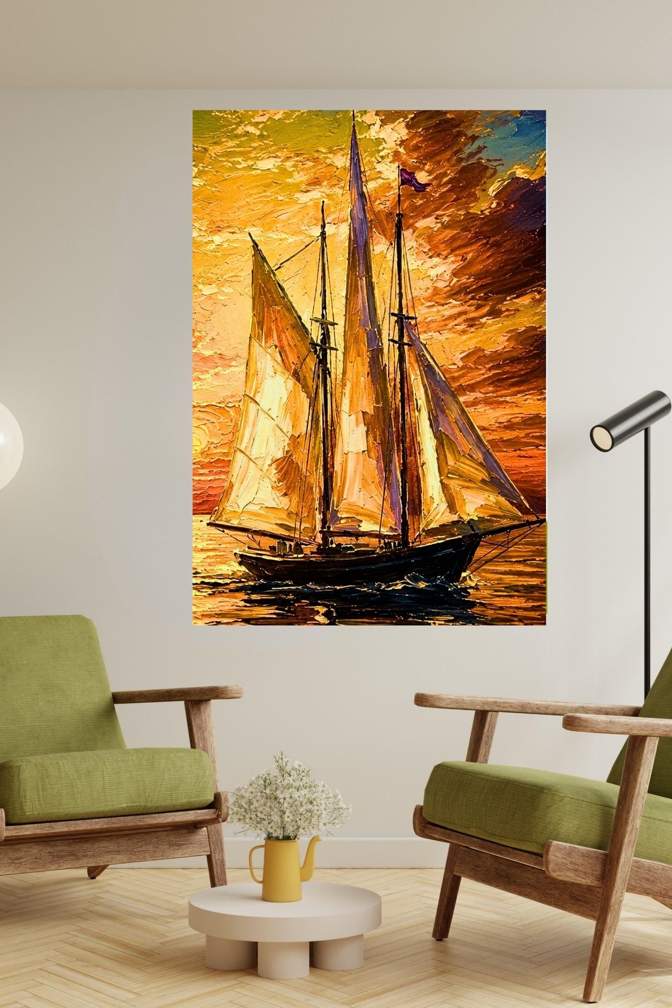 Golden Evening Voyage | Impressionist Sailboat Sunset Wall Art | Coastal Ocean Painting | Giclée Print on Paper, Canvas, Wood & Metal
