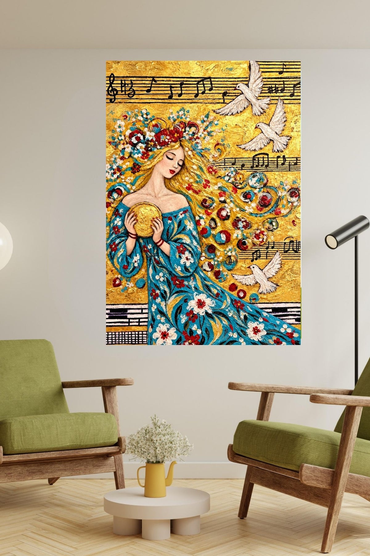 Carol’s Golden Song | Heavenly Inspired Music Art | Woman and Dove Wall Art | Giclée Paper, Canvas, Wood or Metal