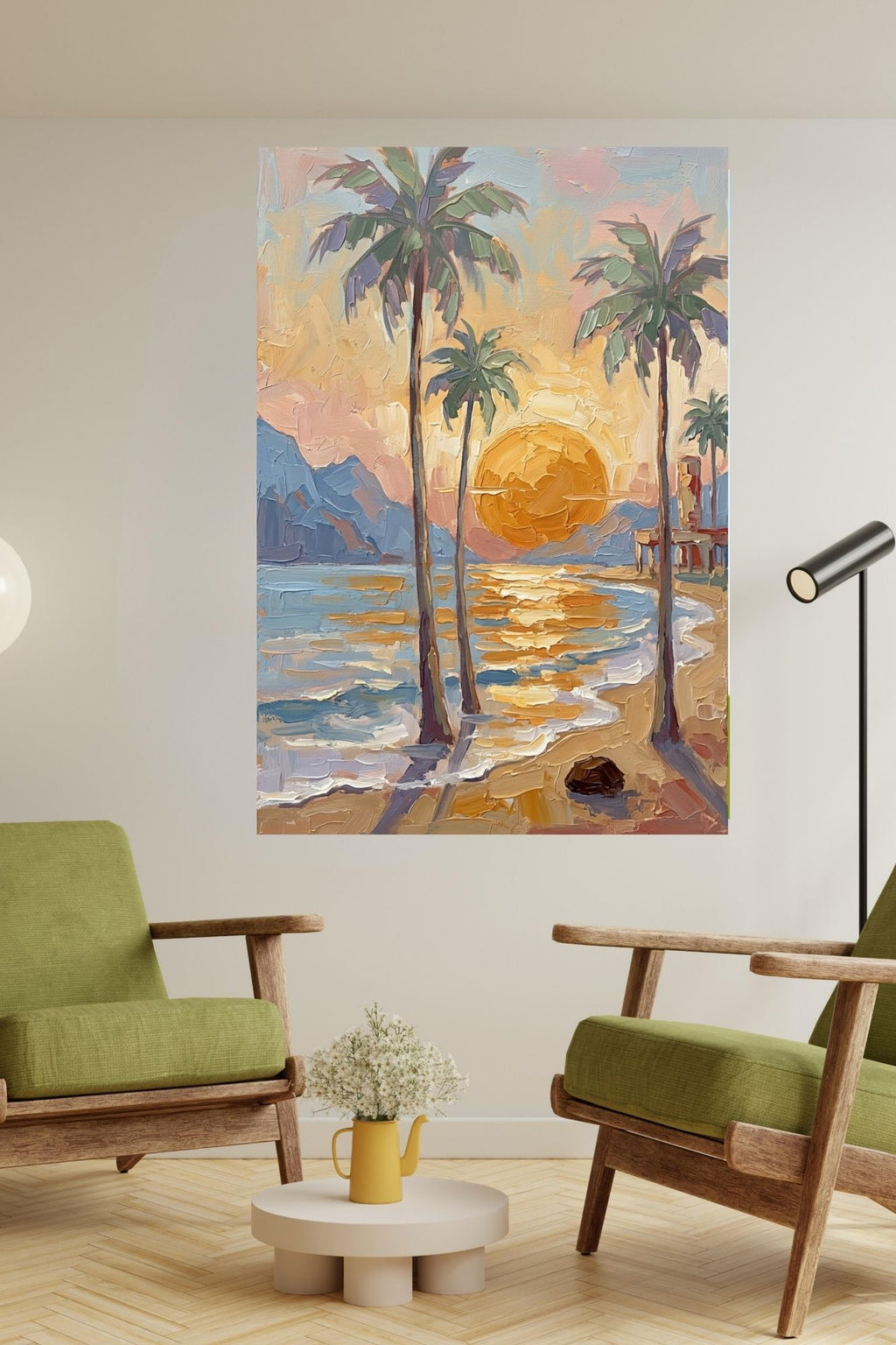 Tropical Sunset View | Impressionist Island Beach Wall Art | Coastal Palm Tree Painting | Giclée Print on Paper, Canvas, Wood & Metal