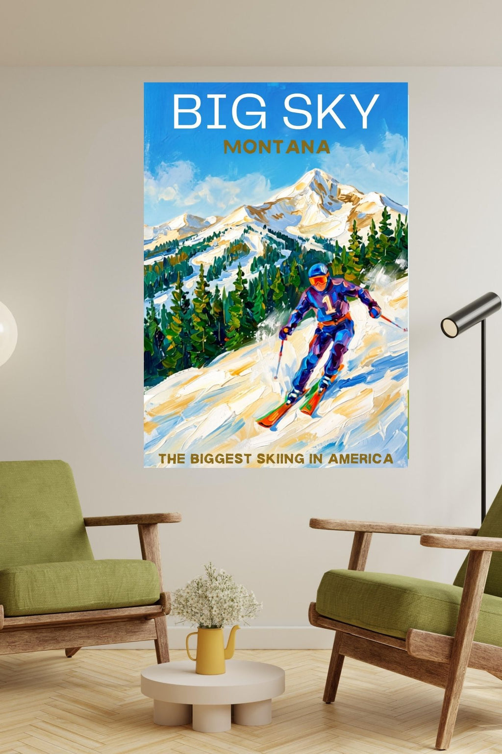 Big Sky Montana | Snow Print| The Biggest Skiing in America Travel Poster | Mountain Ski Resort| Giclée Print on Paper, Canvas, Wood, Metal