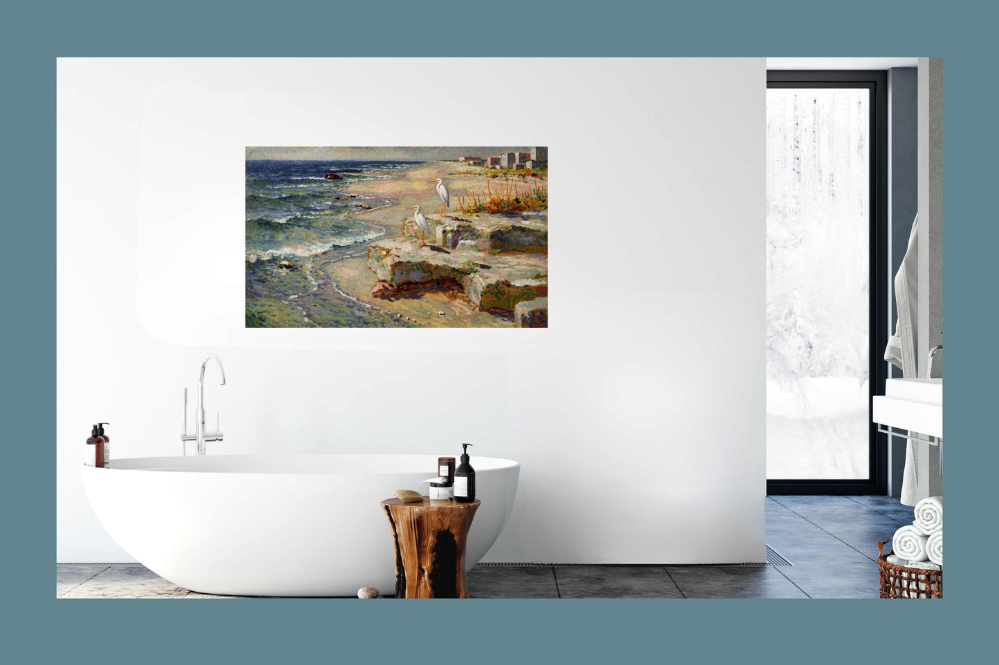 Coastal Herons – Impressionist Beach Painting, Shorebirds at the Surf, Coastal Wall Art, Giclée on Canvas, Wood, Metal & Fine Art Paper
