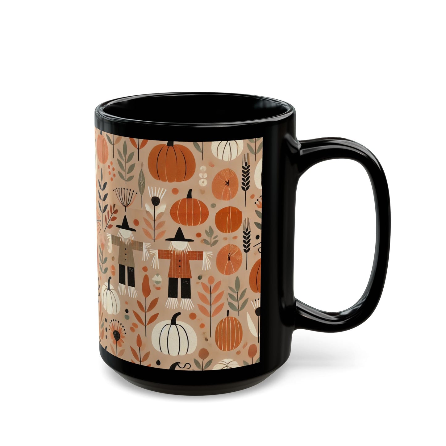 Autumn Pumpkins, Scarecrows - 11 oz or 15 oz Ceramic Black Mugs